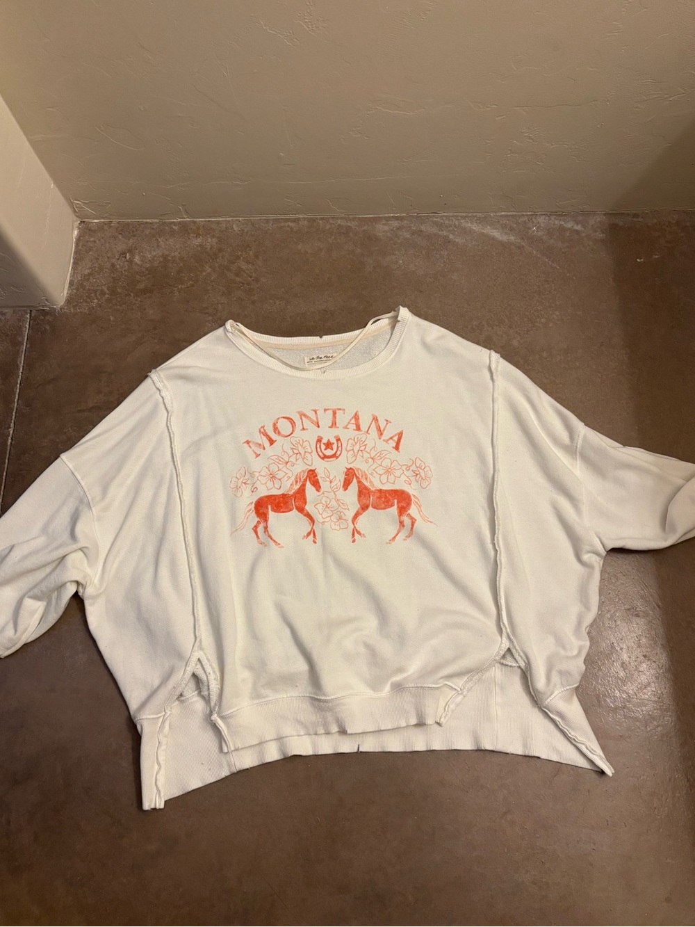 NWOT We The Free White/Cream Montana Sweatshirt with Coral Horse Graphic